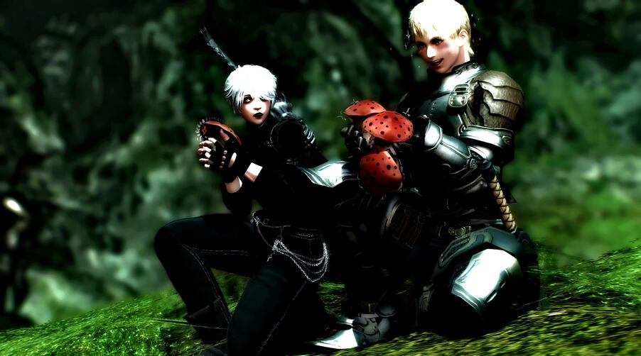 Two men, crouched on a grassy knoll. They're both dressed practically- the gray haired one in complete black cloth and a sword on his back, and the other in plate with a sword at his hip. The gray haired one holds one small Baby Bun minion that's wriggling