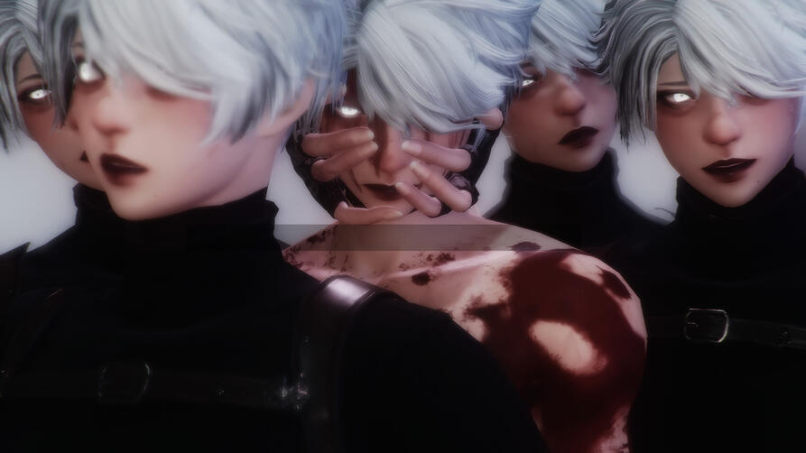 Multiple copies of the same man, in motion and reacting expressively. His bright eyes glance off to the side, never resting on the camera, and all of the copies are wearing black attire with modest covering. All except one, a naked form covered in blood. D