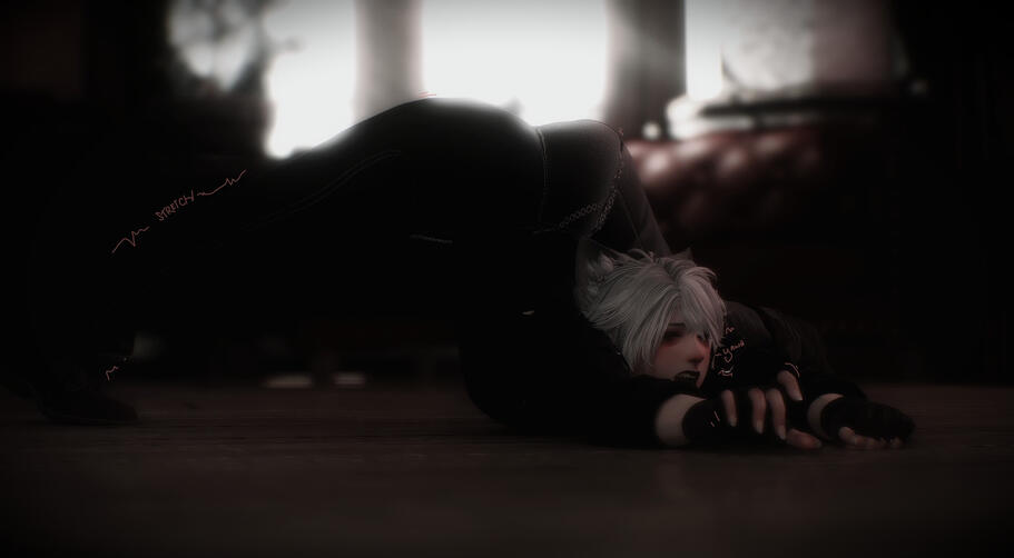 Xembre Adrias stretching out, butt in the air and back fully curved. He's letting out a huge yawn, showing off his fangsand wrinkling his brows as his body shakes with the extension of his limbs. For no reason at all, he has two big fluffy gray feline ears